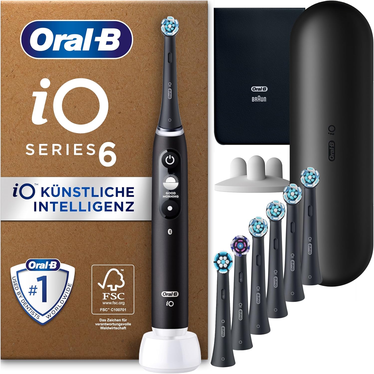 Oral-B iO Series 6 Elektrische Zahnbürste Schwarz PLUS Ausgewählte Original Oral-B iO Aufsteckbürsten Schwarz 7x